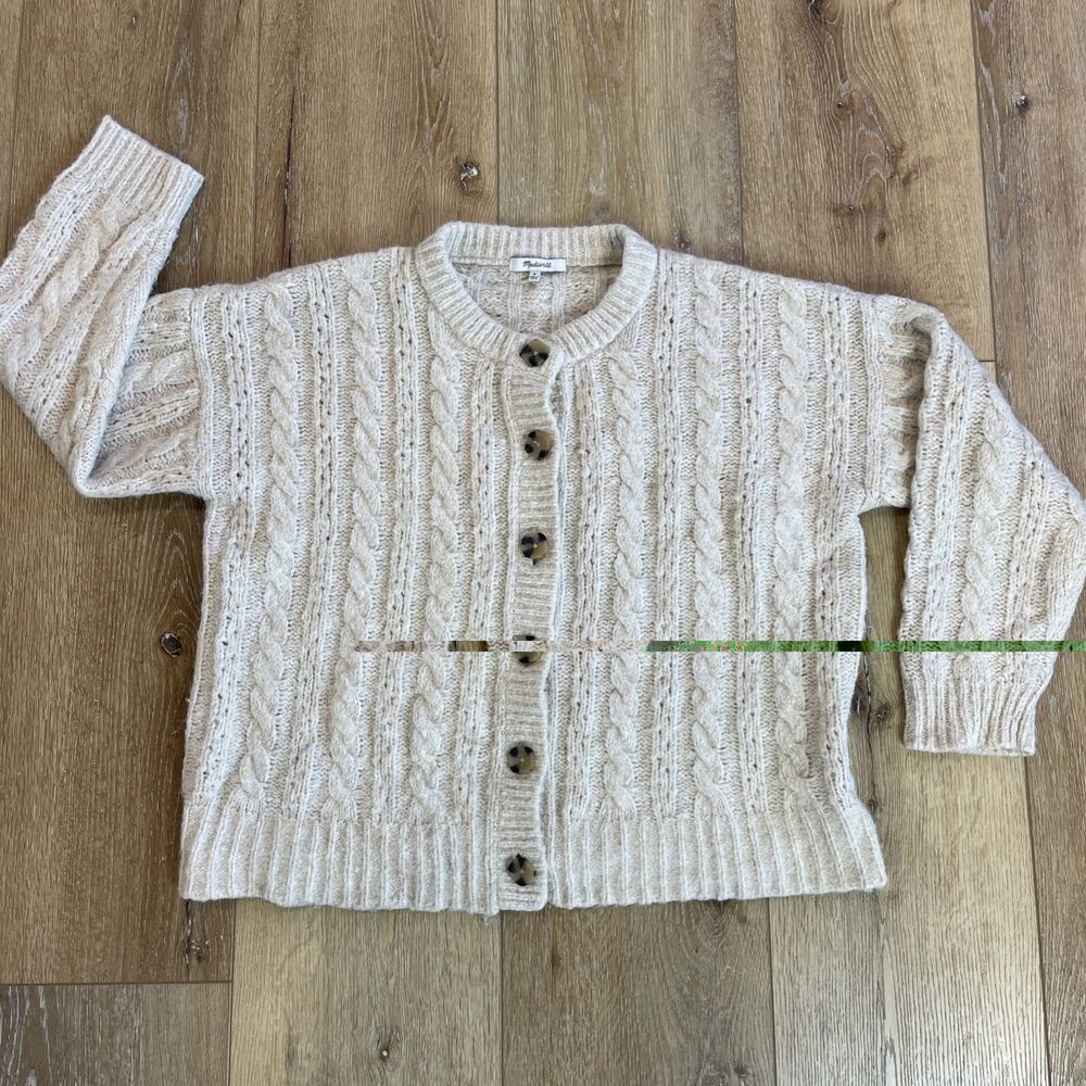 Madewell Pointelle Cable Cardigan Sweater M Oatmeal Wool Blend Oversized Prep